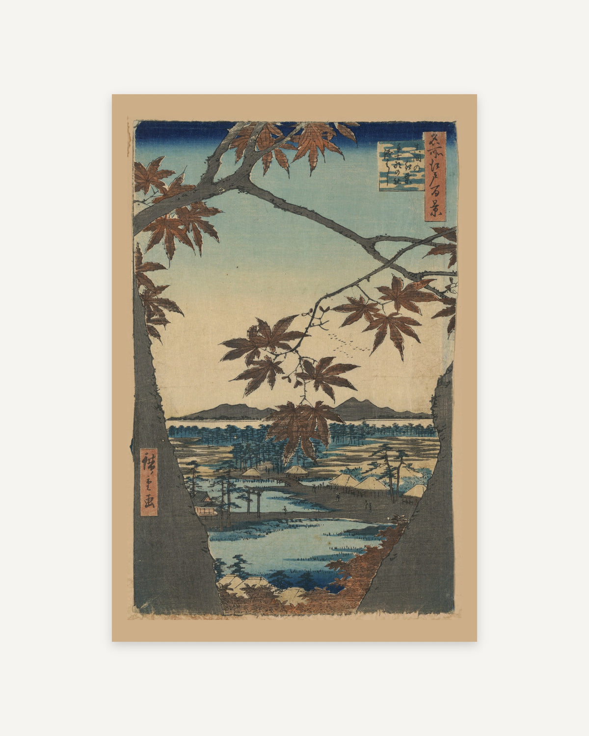 Maples at Mama by Hiroshige (1857) Japanese woodblock print - full print with paper-tone margin
