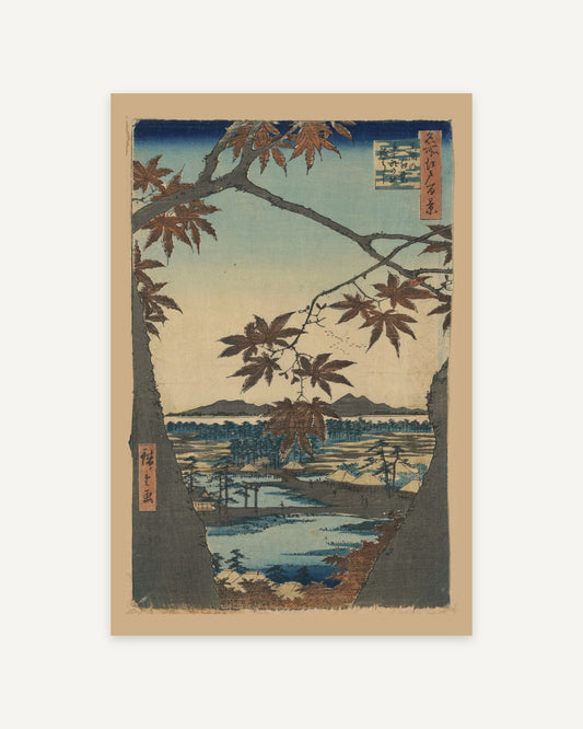 Maples at Mama by Hiroshige (1857) Japanese woodblock print - full print with paper-tone margin