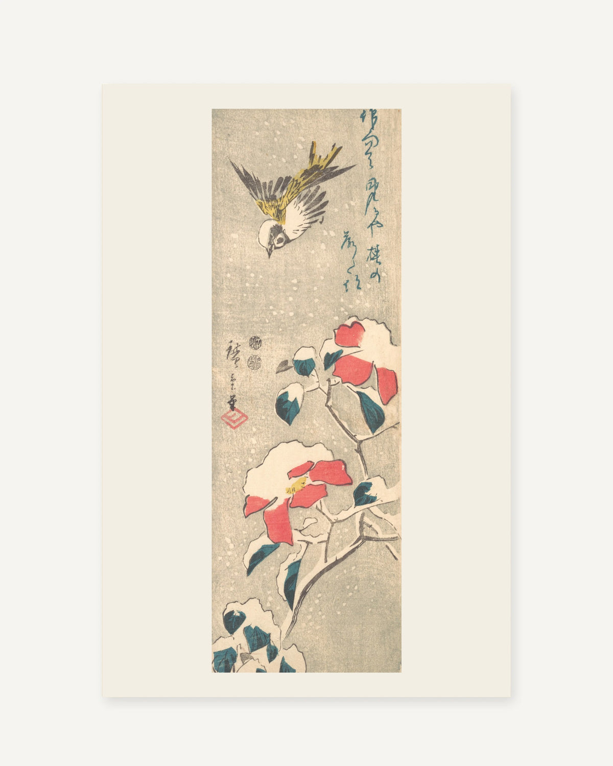 Sparrow and Snowy Camellia by Hiroshige (c. 1845) Japanese woodblock print - full print with paper-tone margin