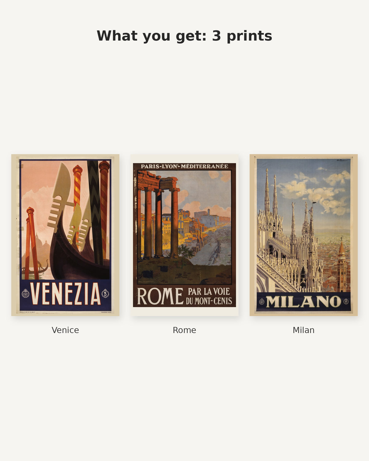 What you get: 3 vintage Italian travel prints - Venice, Rome, Milan