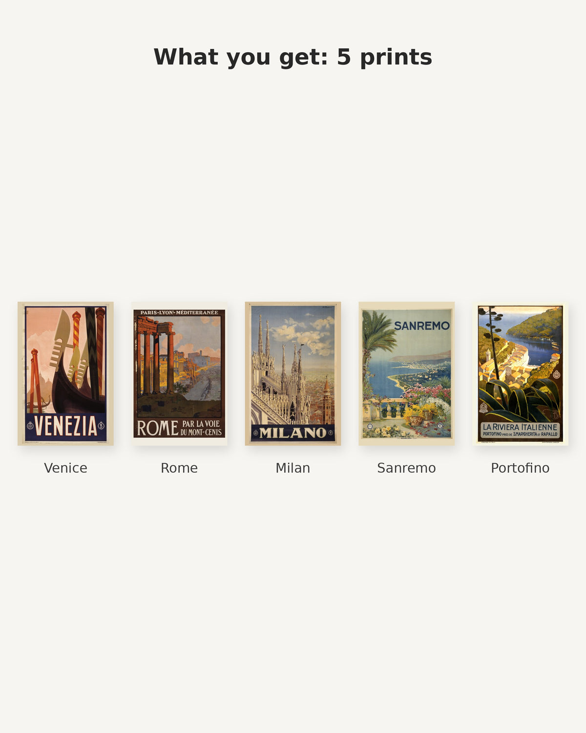 What you get: 5 vintage Italian travel prints - Venice, Rome, Milan, Sanremo, Portofino