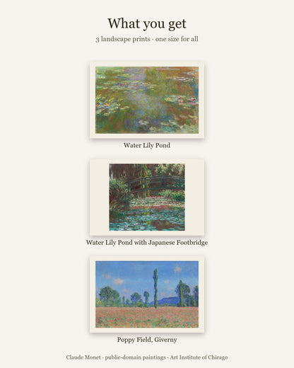 What you get: 3 Monet prints - Water Lily Pond, Japanese Footbridge, Poppy Field