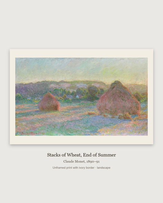 Stacks of Wheat Claude Monet print, full painting with ivory border, unframed landscape