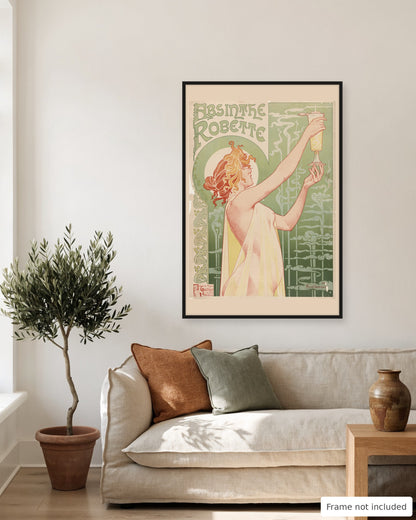 Absinthe Robette poster by Privat-Livemont (1896) shown on a living room wall, second view