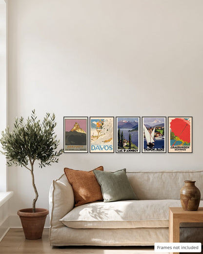 Alps vintage travel poster set of 5 on a living room wall, second view