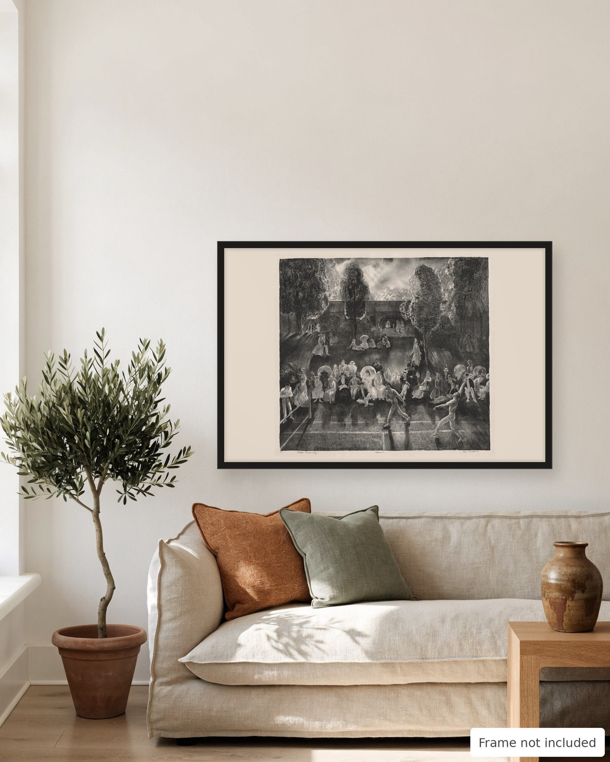 Tennis by George Bellows 1920 lithograph print in a living room above a linen sofa