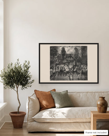 Tennis by George Bellows 1920 lithograph print in a living room above a linen sofa