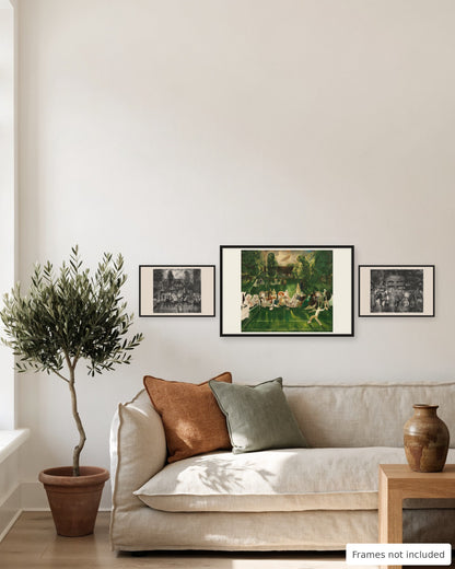 George Bellows tennis print set of 3 gallery wall above a linen sofa
