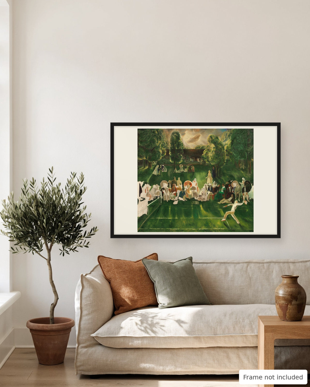 Tennis Tournament by George Bellows 1920 print in a living room above a linen sofa