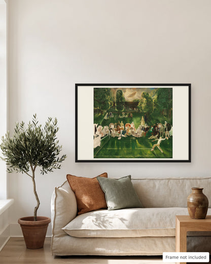 Tennis Tournament by George Bellows 1920 print in a living room above a linen sofa
