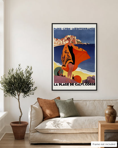 Calvi vintage travel poster (1928) shown on a living room wall, second view