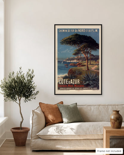 Cote d'Azur vintage travel poster (1897) shown on a living room wall, second view