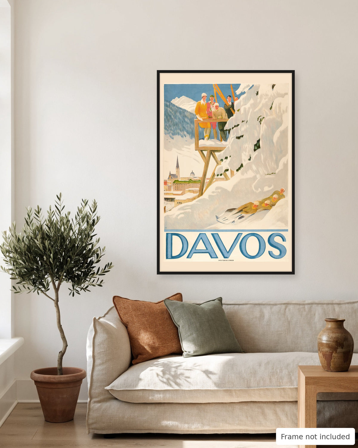 Davos vintage travel poster (1918) shown on a living room wall, second view