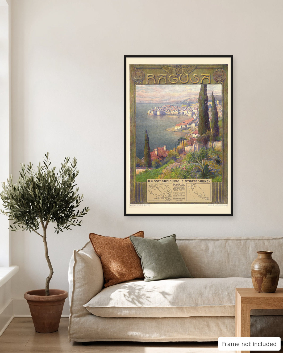 Dubrovnik vintage travel poster (1907) shown on a living room wall, second view