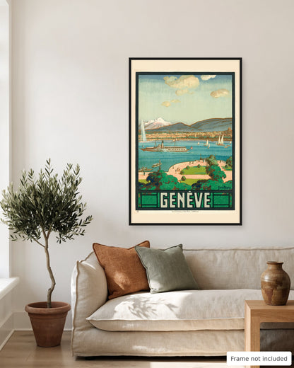 Geneva vintage travel poster (1926) shown on a living room wall, second view
