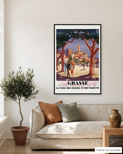 Grasse vintage travel poster (1927) shown on a living room wall, second view