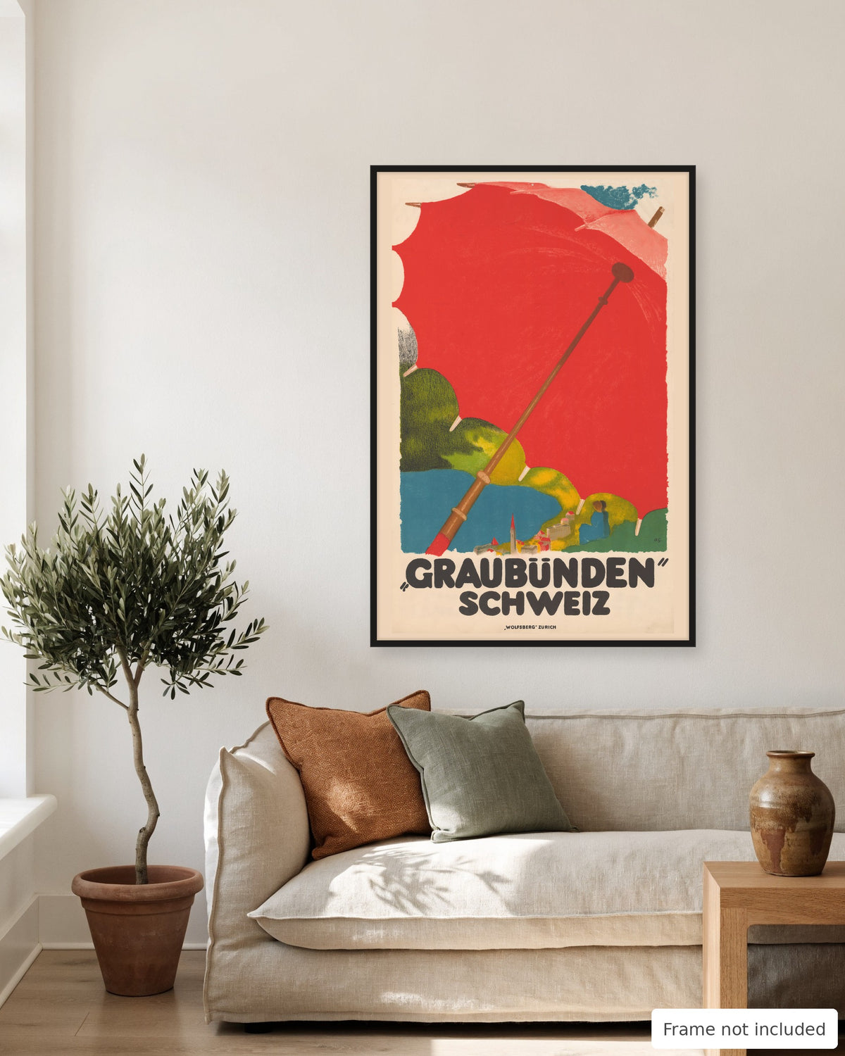 Graubunden vintage travel poster (1924) shown on a living room wall, second view