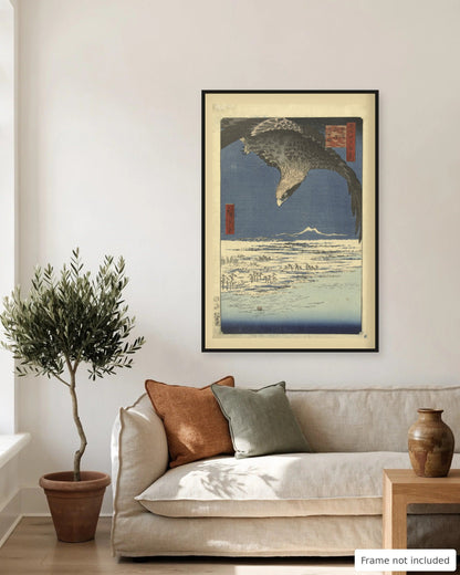 Eagle over the Snowy Plain by Hiroshige (1857) on a living room wall, second view - frame not included
