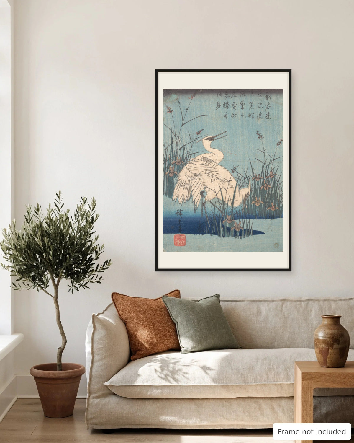 Egrets amid Irises and Grasses by Hiroshige (1830s) on a living room wall, second view - frame not included