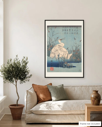 Egrets amid Irises and Grasses by Hiroshige (1830s) on a living room wall, second view - frame not included
