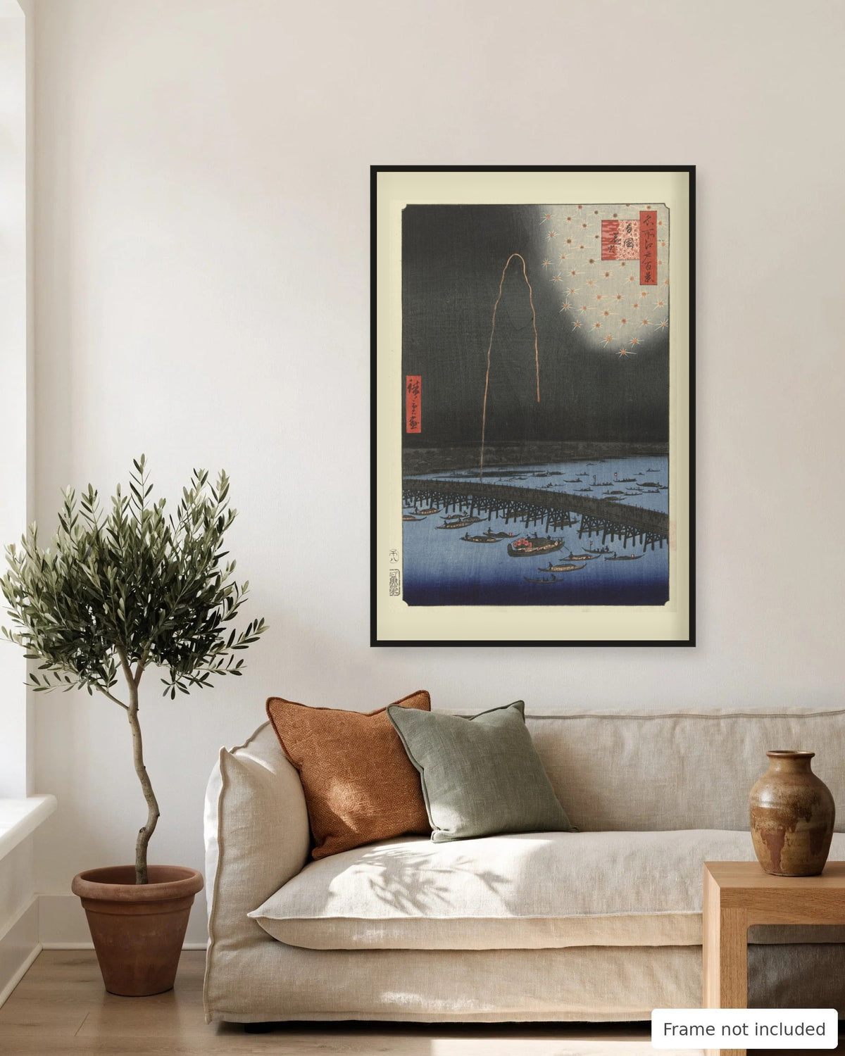 Fireworks at Ryogoku by Hiroshige (1858) on a living room wall, second view - frame not included