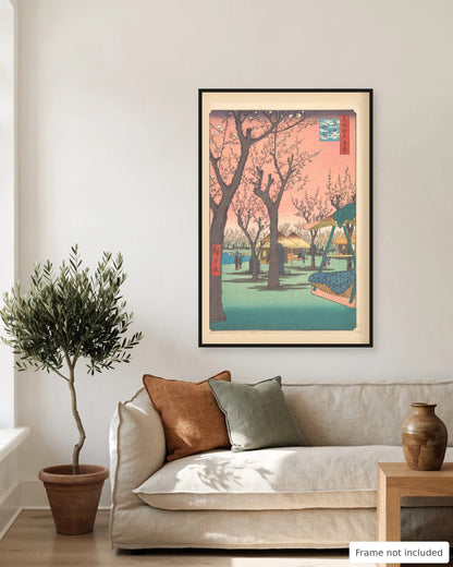 Plum Garden at Kamata by Hiroshige (1857) on a living room wall, second view - frame not included