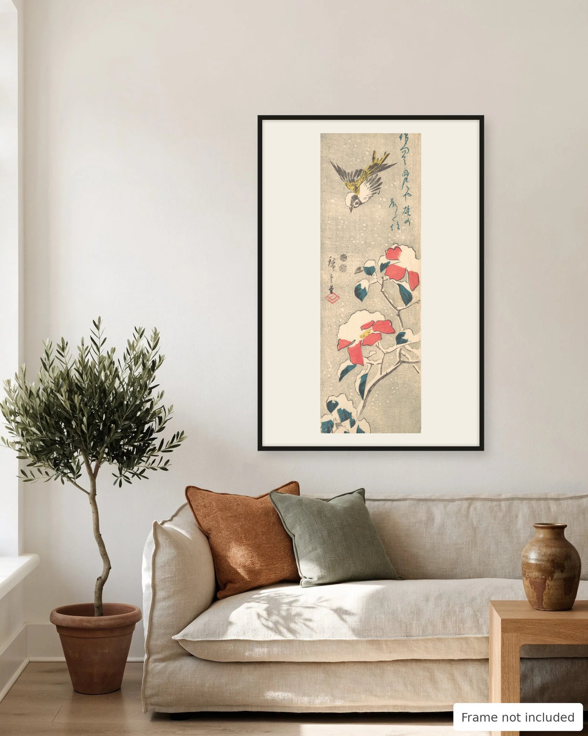 Sparrow and Snowy Camellia by Hiroshige (c. 1845) on a living room wall, second view - frame not included