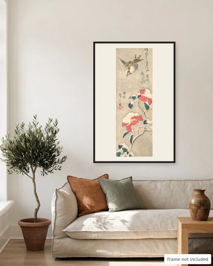 Sparrow and Snowy Camellia by Hiroshige (c. 1845) on a living room wall, second view - frame not included