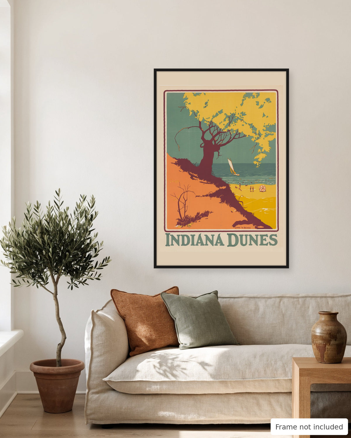 Indiana Dunes vintage travel poster (1927) shown on a living room wall, second view
