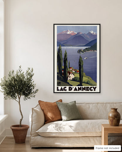 Lake Annecy vintage travel poster (1930) shown on a living room wall, second view