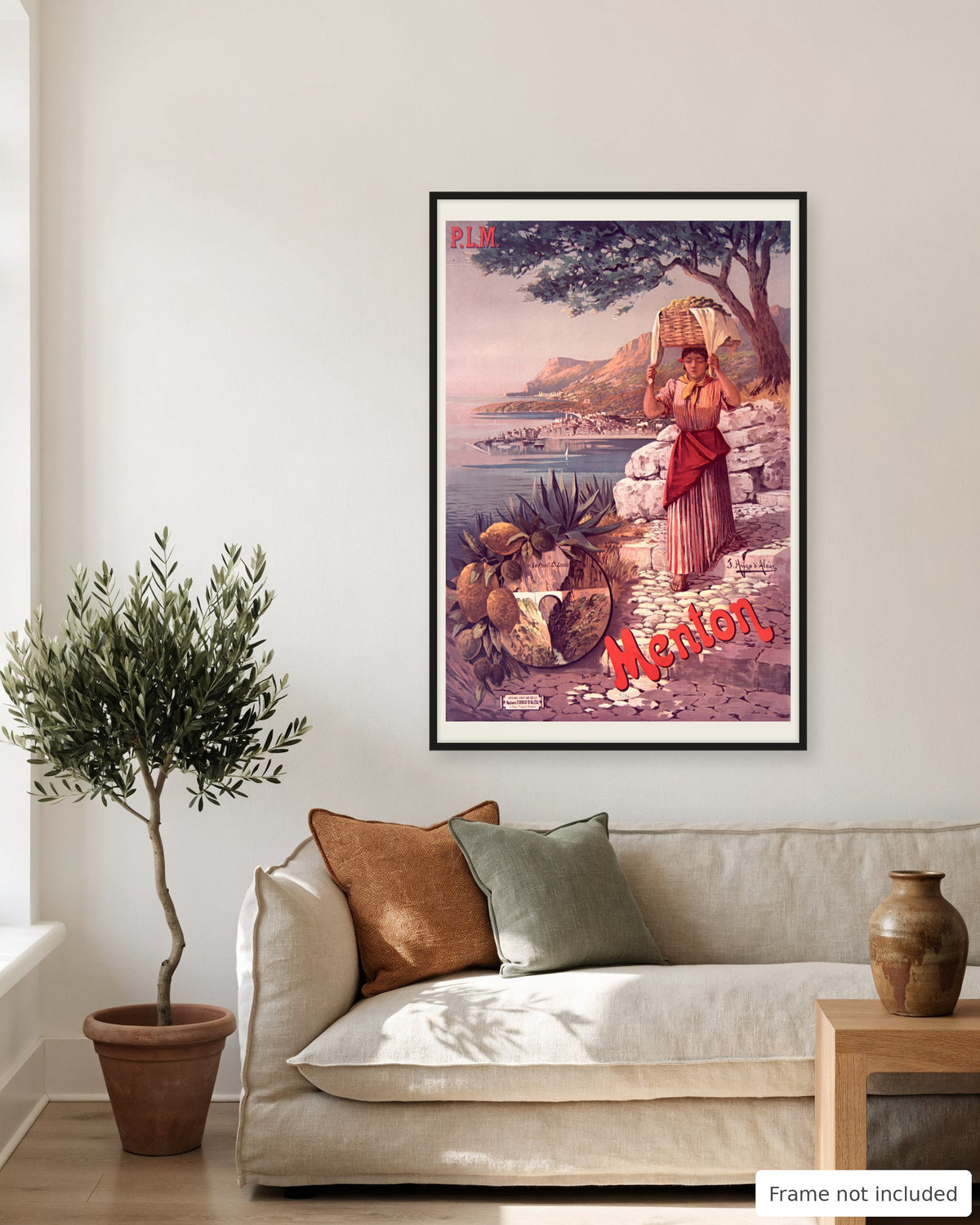 Menton vintage travel poster (1898) shown on a living room wall, second view