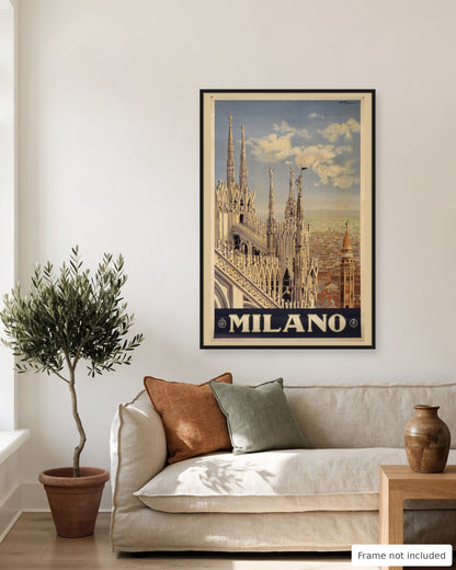 Milan vintage travel poster (1920) shown on a living room wall, second view