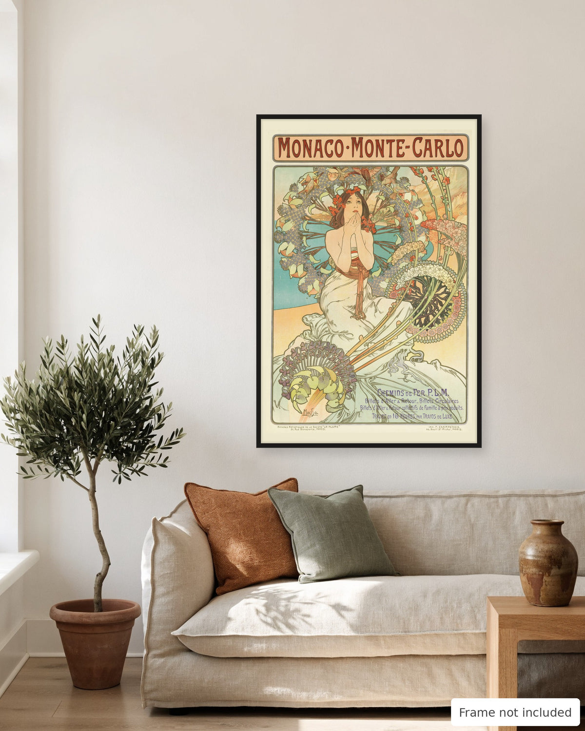 Monaco Monte-Carlo vintage travel poster (1897) shown on a living room wall, second view