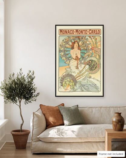 Monaco Monte-Carlo vintage travel poster (1897) shown on a living room wall, second view