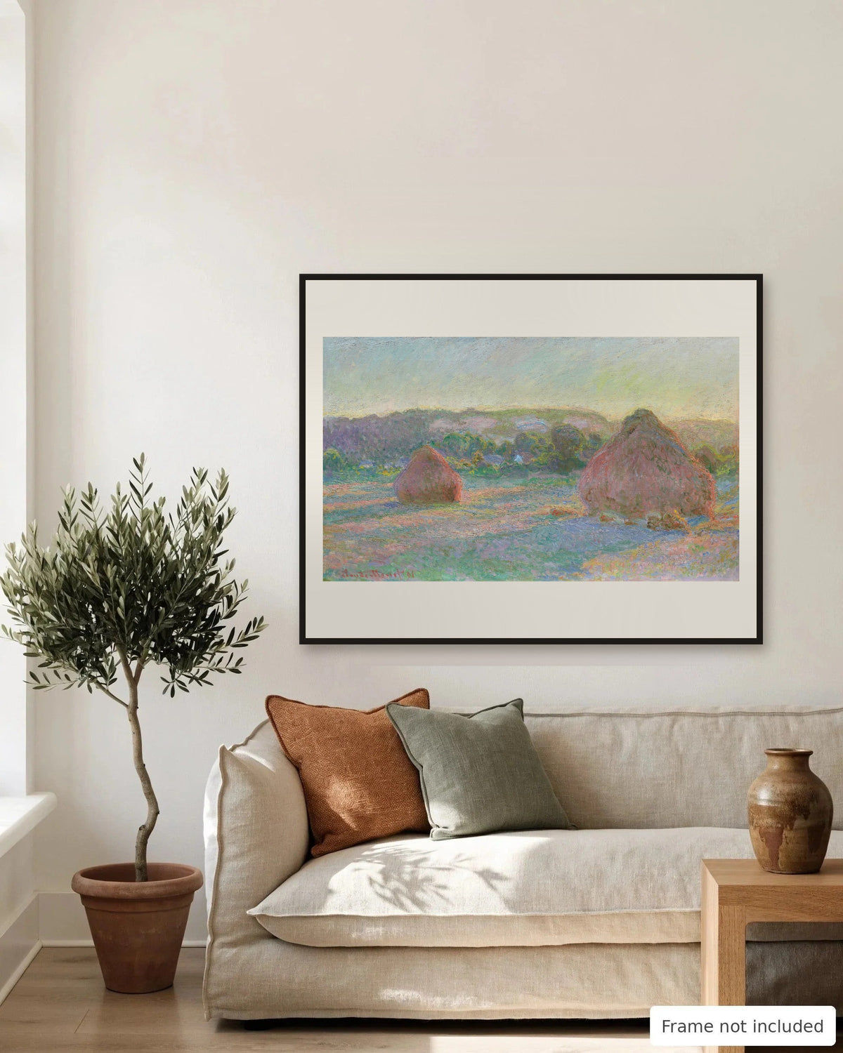 Stacks of Wheat by Claude Monet on a living room wall, second view - frame not included