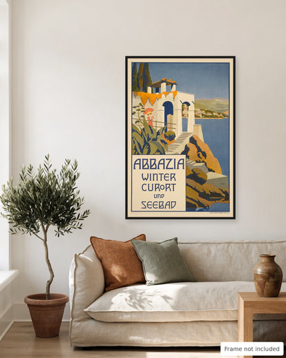 Opatija vintage travel poster (1911) shown on a living room wall, second view