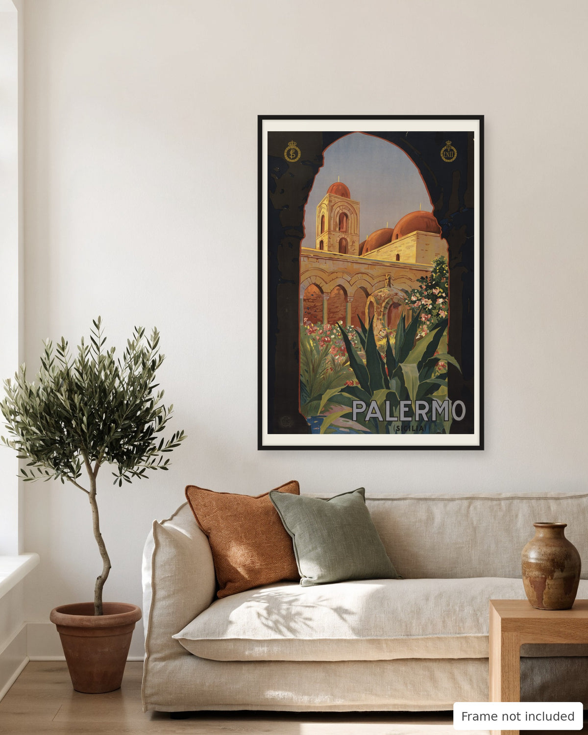Palermo vintage travel poster (1920) shown on a living room wall, second view