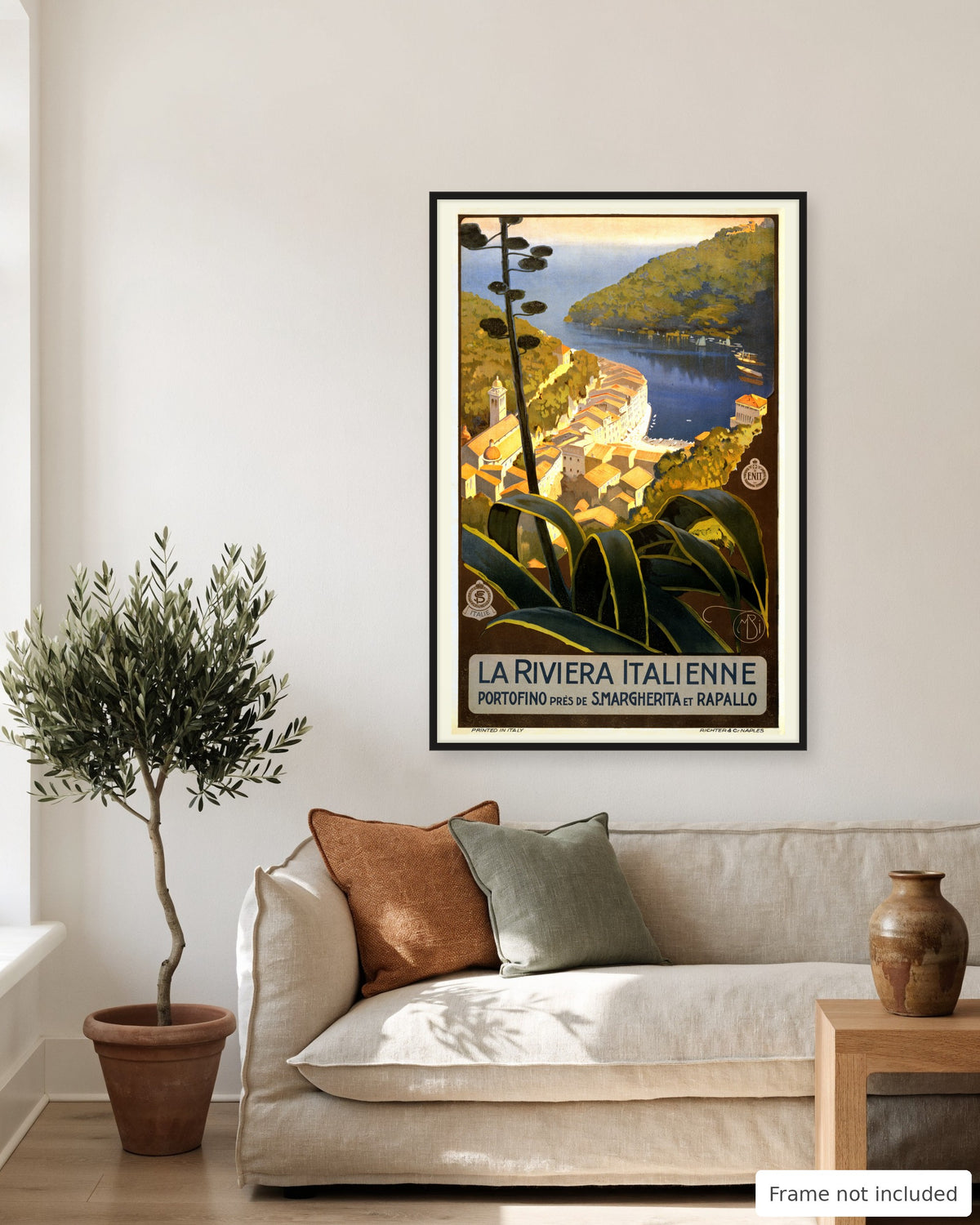 Portofino vintage travel poster (c. 1920) shown on a living room wall, second view