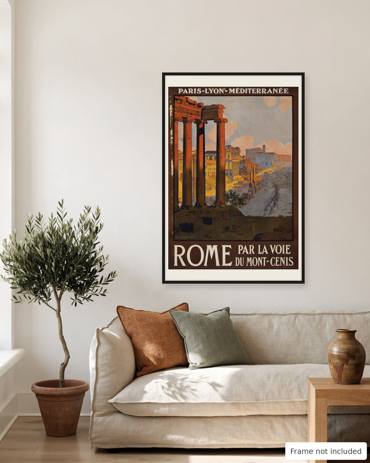 Rome vintage travel poster (1920) shown on a living room wall, second view