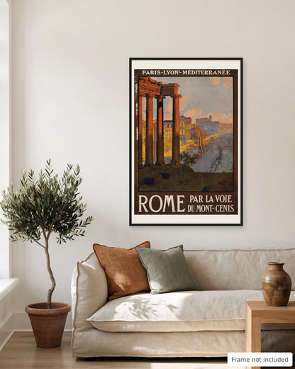 Rome vintage travel poster (1920) shown on a living room wall, second view