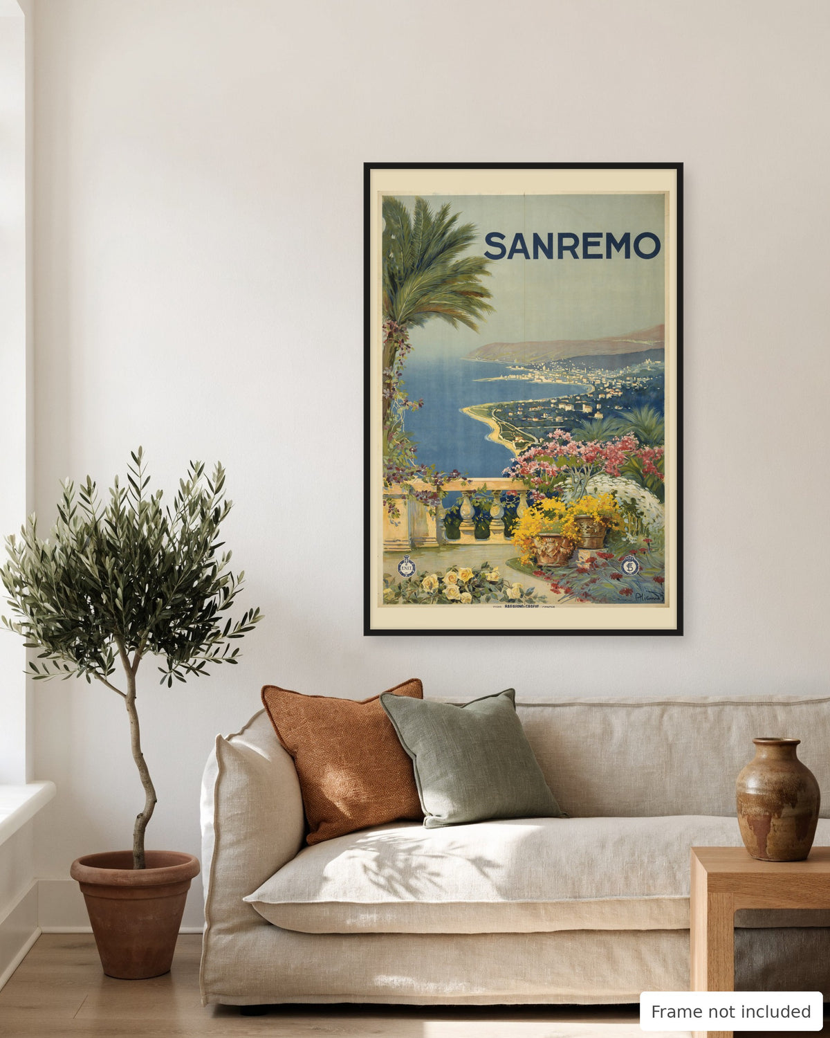 Sanremo vintage travel poster (1920) shown on a living room wall, second view