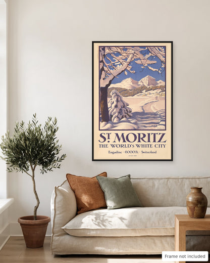 St. Moritz vintage travel poster (1929) shown on a living room wall, second view