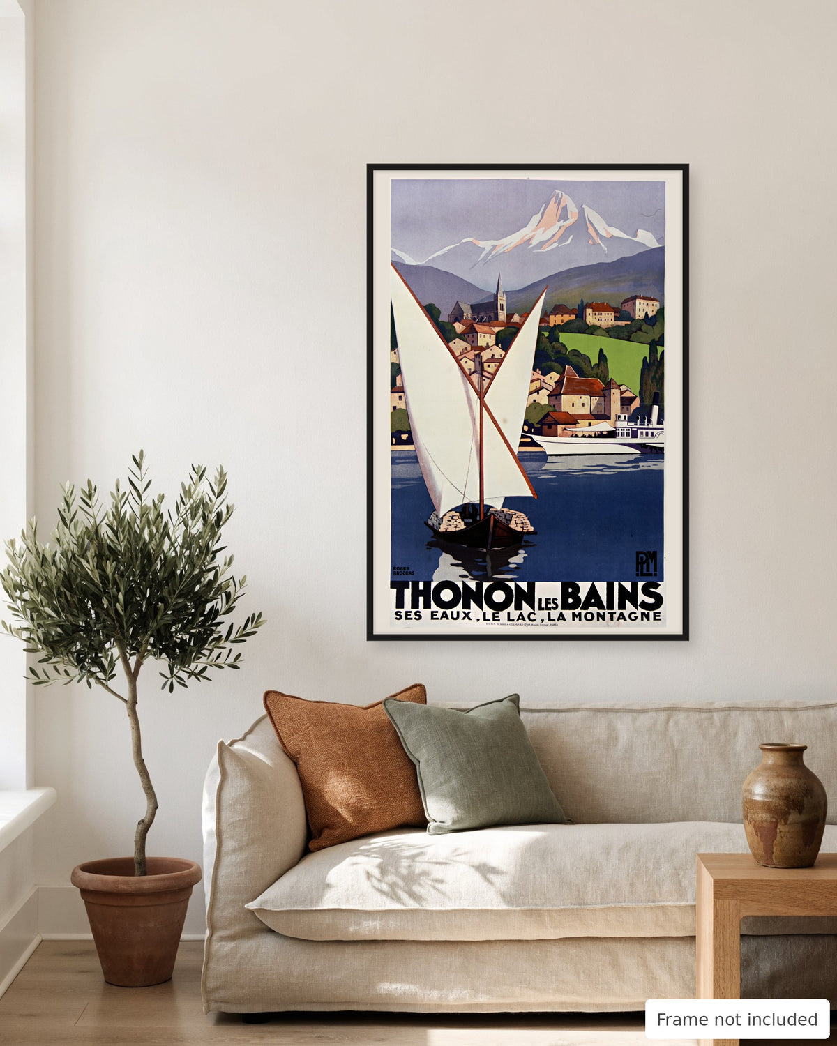 Thonon-les-Bains vintage travel poster (1929) shown on a living room wall, second view