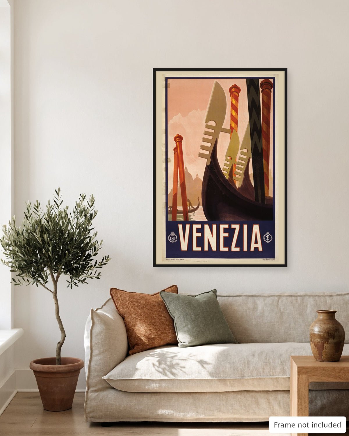 Venice vintage travel poster (1920) shown on a living room wall, second view