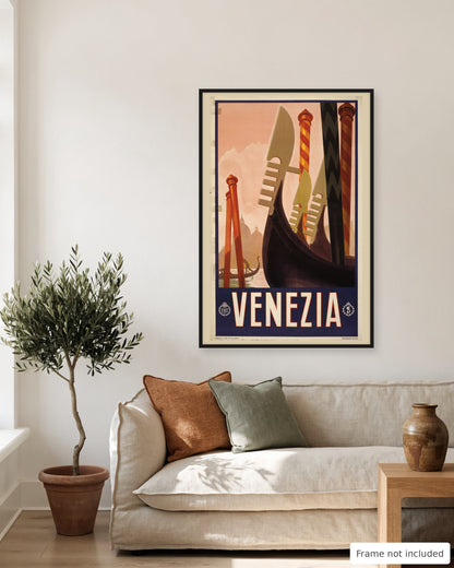 Venice vintage travel poster (1920) shown on a living room wall, second view