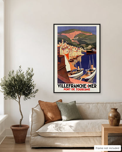 Villefranche-sur-Mer vintage travel poster (1929) shown on a living room wall, second view