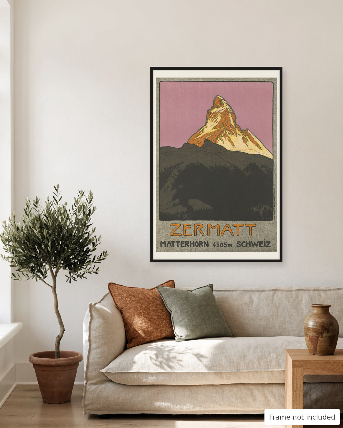 Zermatt vintage travel poster (1908) shown on a living room wall, second view