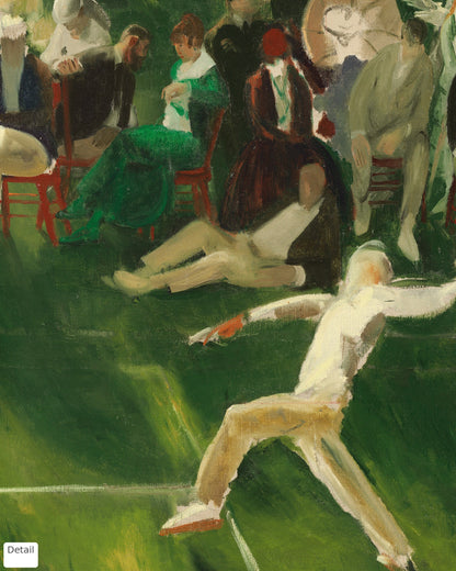 Detail of Tennis Tournament by George Bellows 1920 showing a tennis player in white on the green court