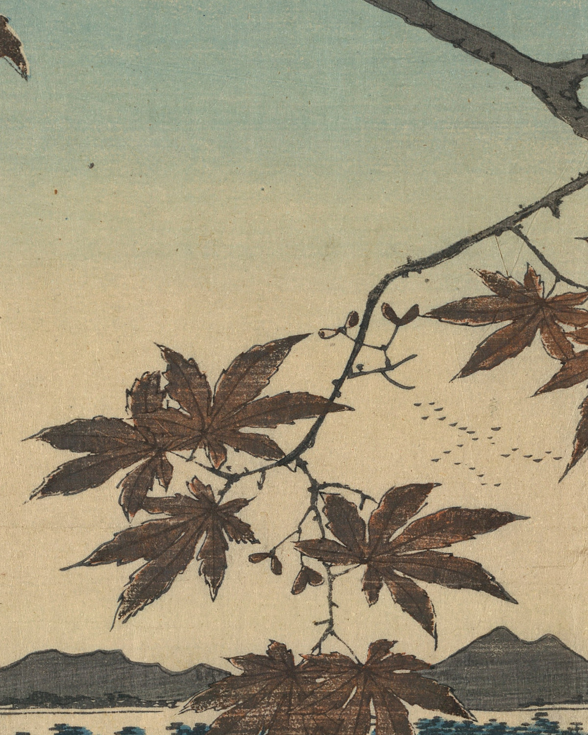 Close-up detail of Maples at Mama by Hiroshige (1857) Japanese woodblock print