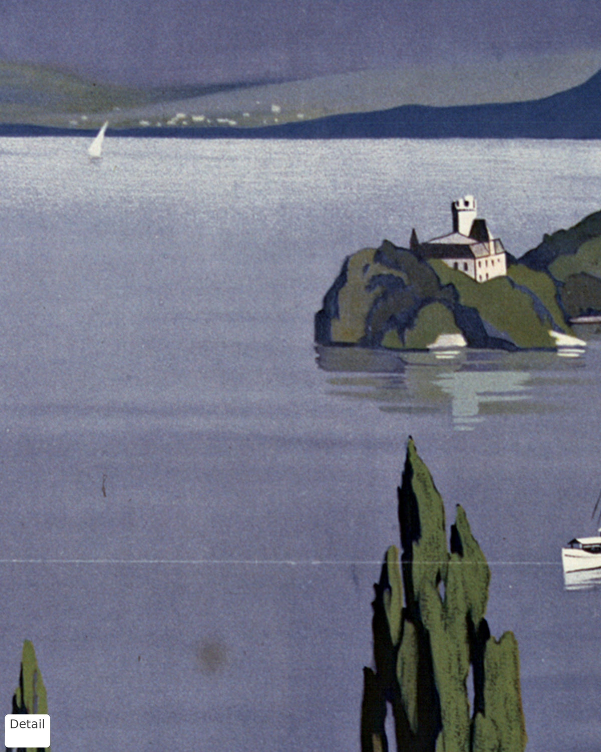 Close-up detail of the Lake Annecy vintage travel poster (1930)